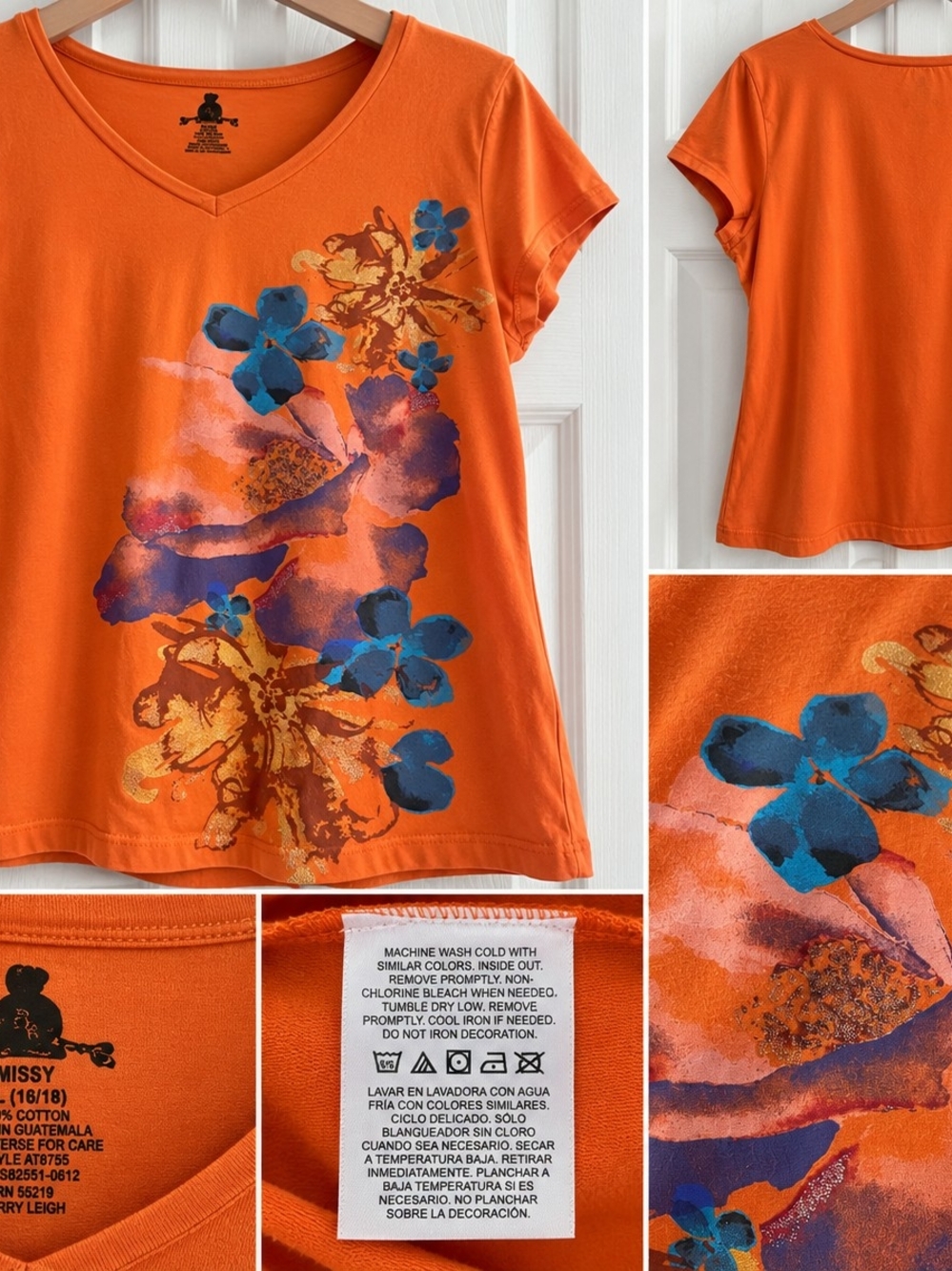 Jerry Leigh Orange V-Neck Tee with Blue & Purple Floral Print